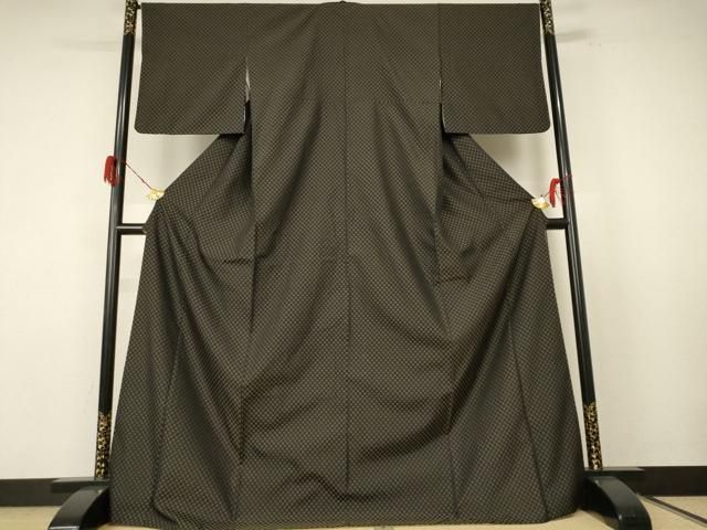 平和屋着物●お召 格子 ロング丈 正絹 nf