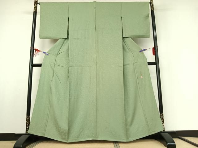 平和屋着物▽上質な色無地 単衣 作家物 草花地紋 若葉色 正絹 jh