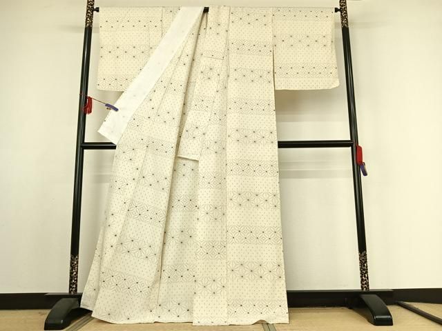  平和屋着物▽上質な紬 単衣 絞り 横段麻の葉文 正絹 jh 紬 着物