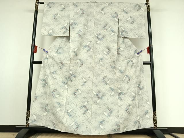 平和屋着物▽上質な紬 単衣 七宝花文 正絹 jh