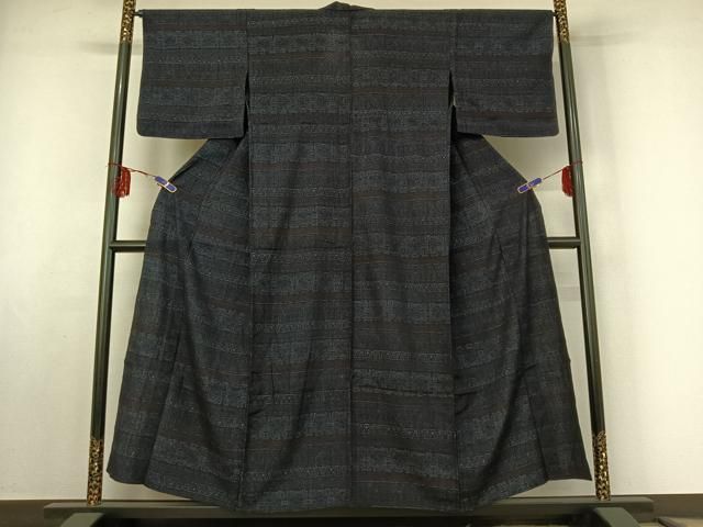 平和屋着物▽結城ちぢみ 単衣 横段花文 正絹 jh