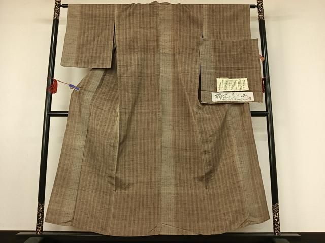 平和屋着物▽越後おぐに くるまや工房 紬 単衣 柿泥ちぢみ 縞 証紙付き 正絹 jh