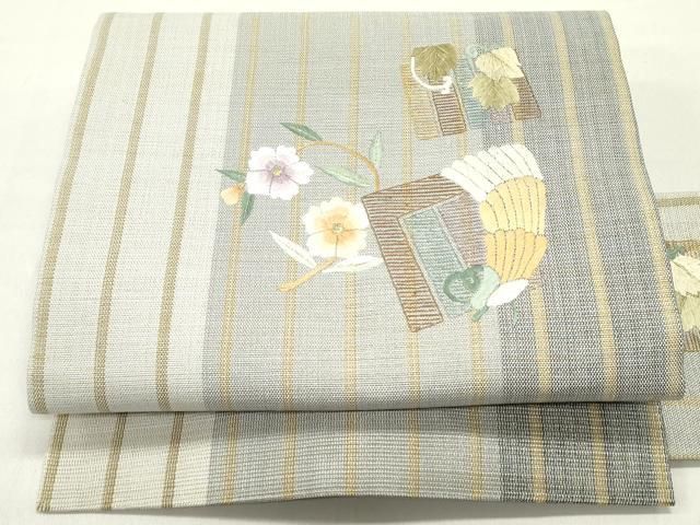 平和屋着物▽九寸名古屋帯 スリーシーズン 春夏秋 総刺繍 源氏香草花文 金通し地 正絹 ob