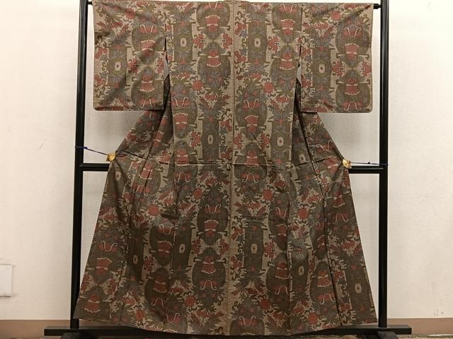 平和屋着物▽本場大島紬 単衣 7マルキ 更紗花文 正絹 mz