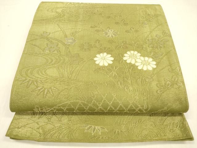 平和屋着物＊夏物 六通柄袋帯 流水笹の葉花文 金銀糸 正絹 cm