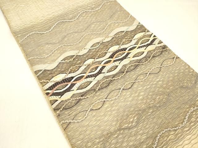 平和屋着物▽太鼓柄袋帯 スリーシーズン 春夏秋 すくい織 よろけ縞 正絹 cm