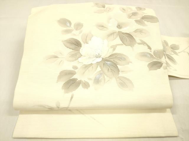 平和屋着物＊夏物 九寸名古屋帯 作家物 手描き 刺繍 流水枝花文 銀彩