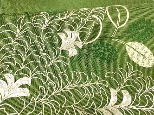 平和屋着物＊夏物 六通柄袋帯 駒刺繍 草葉文 正絹 逸品 DABB3278cm