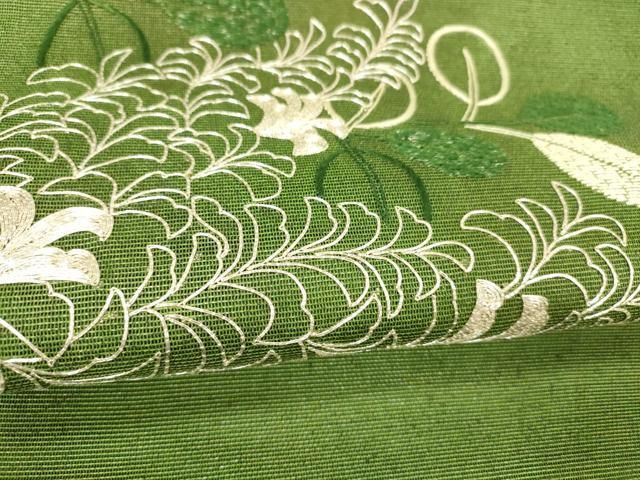 平和屋着物＊夏物 六通柄袋帯 駒刺繍 草葉文 正絹 逸品 DABB3278cm