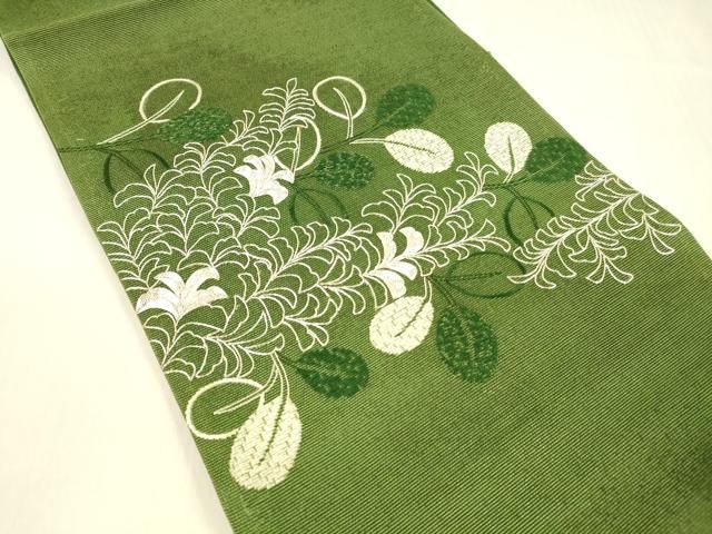平和屋着物＊夏物 六通柄袋帯 駒刺繍 草葉文 正絹 逸品 DABB3278cm