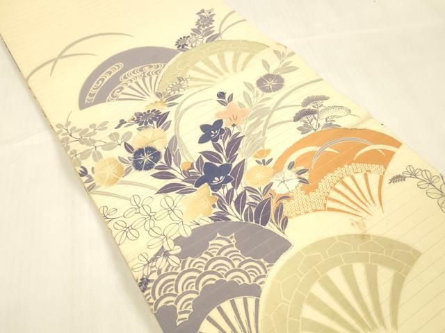 平和屋着物＊夏物 アンティーク 大正ロマン 丸帯 引き抜き帯 駒刺繍 扇面流水草花文 正絹 cm