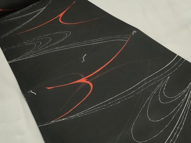 平和屋着物＊夏物 小紋 反物 着尺 絽 京染 流線文 黒地 洗える着物 ♥ zzz