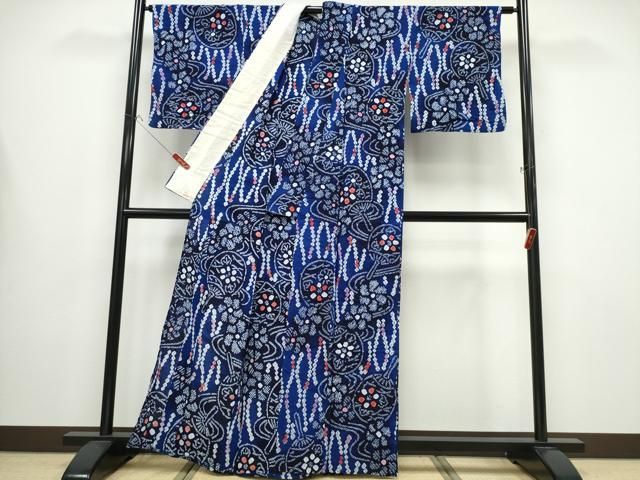 平和屋着物∴夏物 浴衣 有松鳴海絞り 流水団扇花文 綿 ng