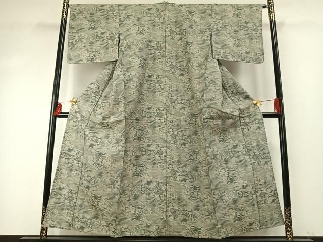 平和屋着物▽上質な紬 単衣 草花文 正絹 ♥ fy