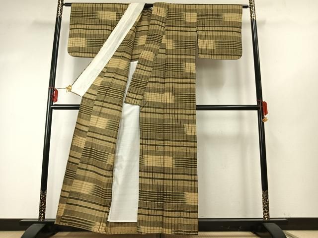  平和屋着物▽上質な紬 単衣 格子 正絹 fy 紬 着物