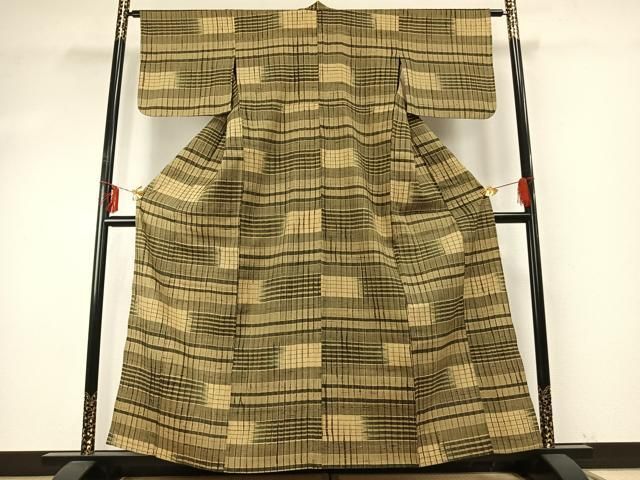 平和屋着物▽上質な紬 単衣 格子 正絹 fy