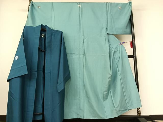 平和屋着物▽男性 色紋付 単衣 羽織セット 本場大島紬 着物 白群色 羽織 花浅葱色 正絹 jh