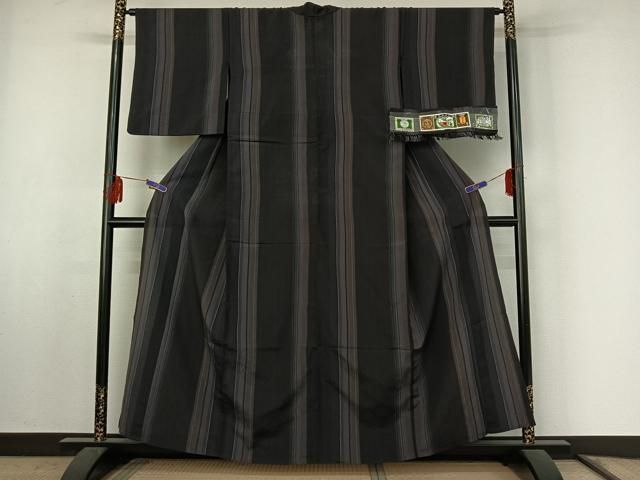 平和屋着物▽本塩沢 単衣 やまだ織 縞 やまと誂製 証紙付き 正絹 jh