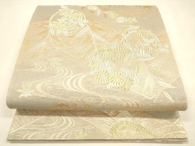 平和屋着物＊夏物 六通柄袋帯 流水片輪車草花文 金銀糸 三越扱い 正絹 cm