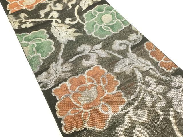平和屋着物＊夏物 六通柄 本袋帯 牡丹唐草文 黒地 銀糸 正絹 cm