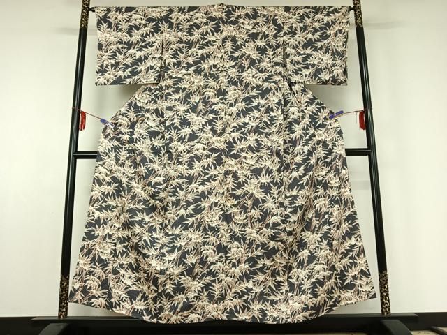 平和屋着物▽森英恵 HANAE MORI 小紋 単衣 雪持ち笹竹文 反端付き 正絹 jh