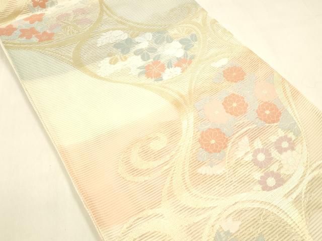 平和屋着物＊夏物 西陣 六通柄袋帯 流水草花文 金糸 証紙付き 正絹 cm