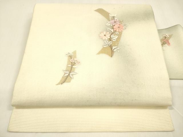 平和屋着物＊夏物 九寸名古屋帯 刺繍 草花文 金銀彩 正絹 cm