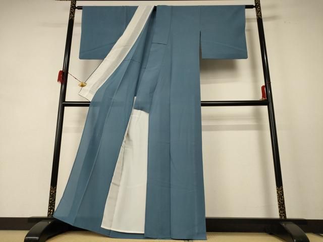 平和屋着物＊夏物 色無地 縦絽 藍鼠色 正絹 jd