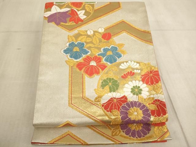 平和屋着物∵子供　全通柄袋帯　唐織　亀甲花丸文　金糸　逸品　AABE2237ja