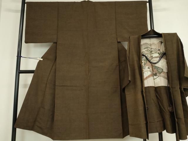 平和屋着物●男性 紬 アンサンブル 赤墨色 正絹 az