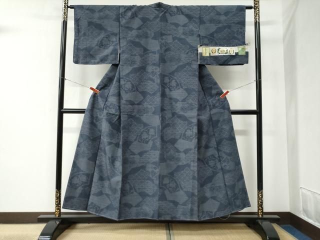 平和屋着物●結城紬 80亀甲 地紙重ね吉祥葡萄蔦の葉文 証紙付き 正絹 ♥ yc
