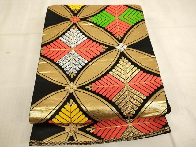 平和屋着物∵子供 全通柄袋帯 唐織 七宝松菱文 黒地 金銀糸 ♥ ja