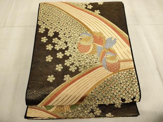 平和屋着物∵子供 全通柄袋帯 唐織 鴛鴦花文 黒地 金糸 ja