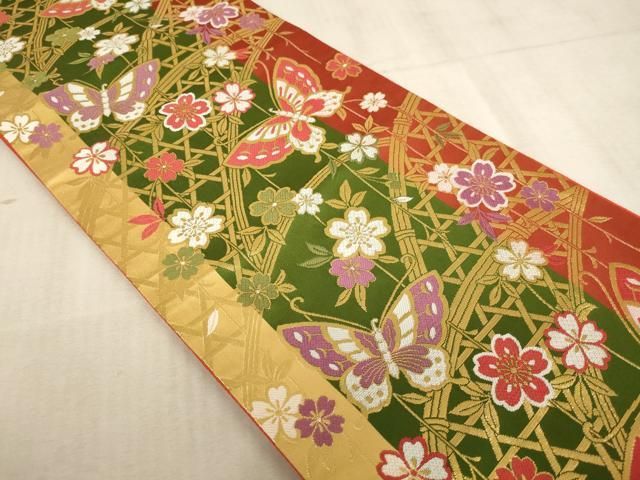 平和屋着物∵子供 全通柄袋帯 篭目舞蝶桜文 金糸 AABE2159ja 平和屋着物∵子供 全通柄袋帯 篭目舞蝶桜文 金糸 AABE2159ja