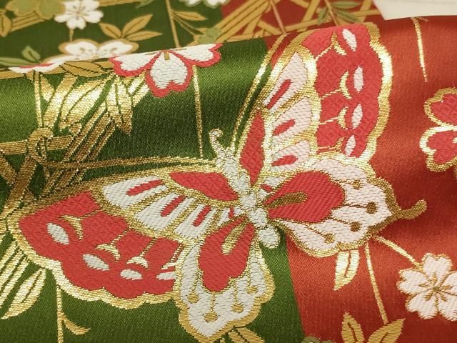平和屋着物∵子供 全通柄袋帯 篭目舞蝶桜文 金糸 AABE2159ja 平和屋着物∵子供 全通柄袋帯 篭目舞蝶桜文 金糸 AABE2159ja