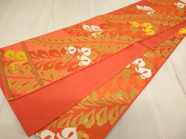 平和屋着物∵子供 全通柄袋帯 桐生織 草花文 金糸 逸品 AABE2160ja 平和屋着物∵子供 全通柄袋帯 桐生織 草花文 金糸 逸品 AABE2160ja