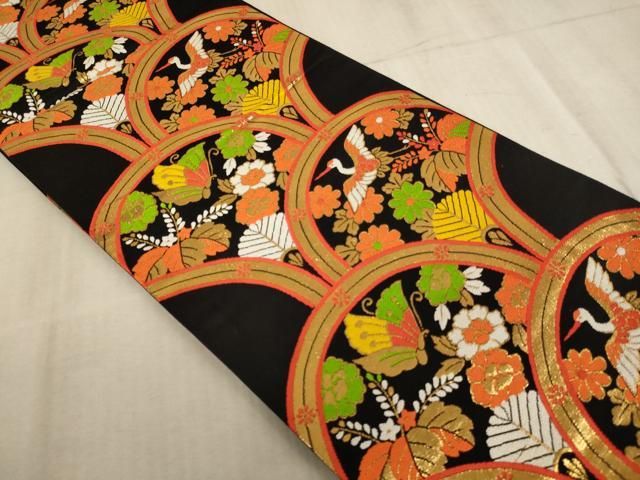 平和屋着物∵子供　全通柄袋帯　青海波　飛鶴花蝶文　黒地　金糸　逸品　AABE2161ja