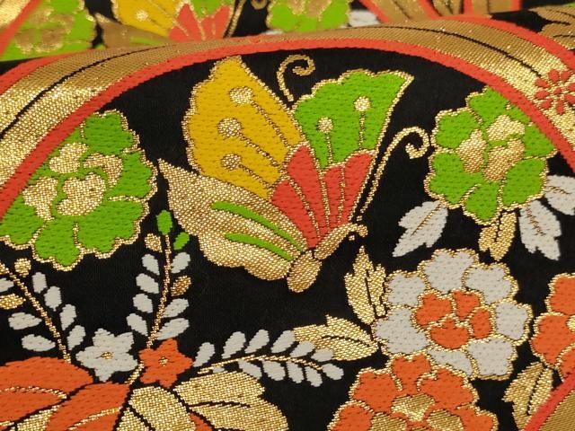 平和屋着物∵子供　全通柄袋帯　青海波　飛鶴花蝶文　黒地　金糸　逸品　AABE2161ja