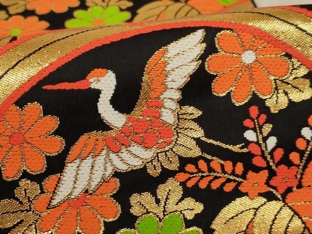 平和屋着物∵子供　全通柄袋帯　青海波　飛鶴花蝶文　黒地　金糸　逸品　AABE2161ja