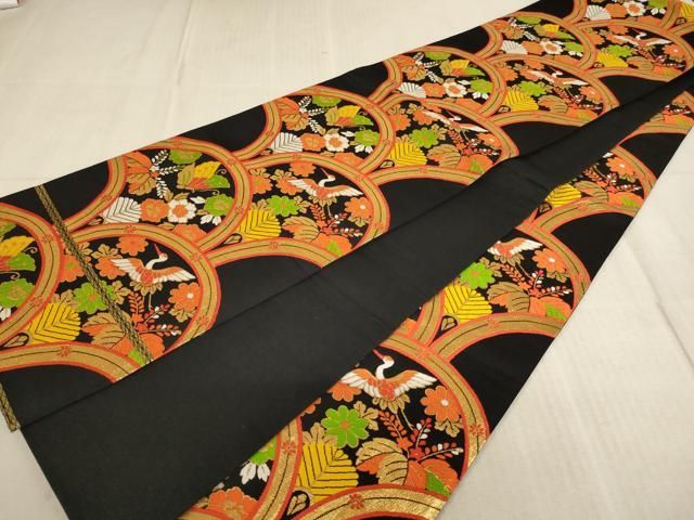 平和屋着物∵子供　全通柄袋帯　青海波　飛鶴花蝶文　黒地　金糸　逸品　AABE2161ja