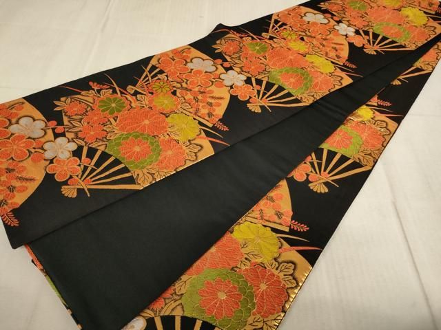 平和屋着物∵子供　全通柄袋帯　唐織　扇面花文　黒地　金糸　AABE2162ja