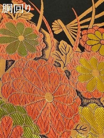 平和屋着物∵子供　全通柄袋帯　唐織　扇面花文　黒地　金糸　AABE2162ja