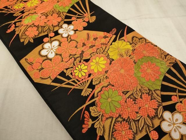 平和屋着物∵子供　全通柄袋帯　唐織　扇面花文　黒地　金糸　AABE2162ja