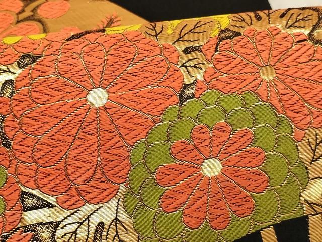 平和屋着物∵子供　全通柄袋帯　唐織　扇面花文　黒地　金糸　AABE2162ja
