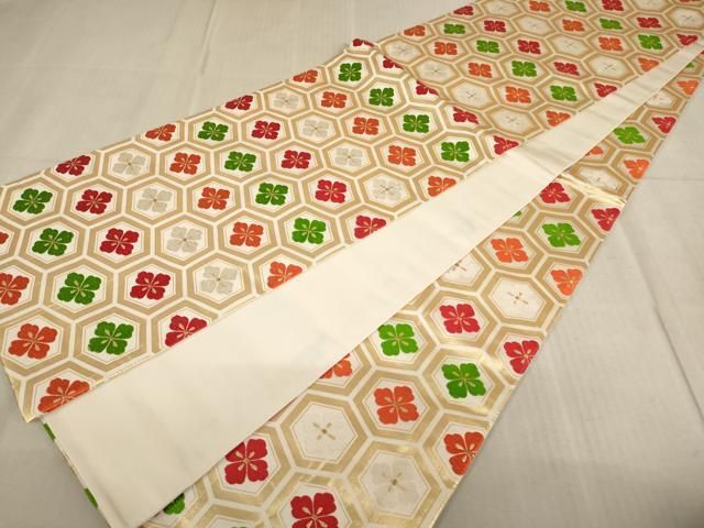 平和屋着物∵子供 全通柄袋帯 唐織 亀甲花菱文 金糸 逸品 AABE2163ja 平和屋着物∵子供 全通柄袋帯 唐織 亀甲花菱文 金糸 逸品 AABE2163ja