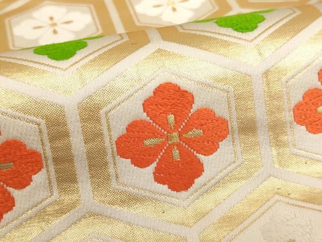 平和屋着物∵子供 全通柄袋帯 唐織 亀甲花菱文 金糸 逸品 AABE2163ja 平和屋着物∵子供 全通柄袋帯 唐織 亀甲花菱文 金糸 逸品 AABE2163ja