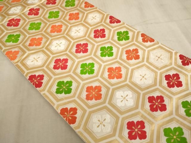 平和屋着物∵子供 全通柄袋帯 唐織 亀甲花菱文 金糸 逸品 AABE2163ja 平和屋着物∵子供 全通柄袋帯 唐織 亀甲花菱文 金糸 逸品 AABE2163ja