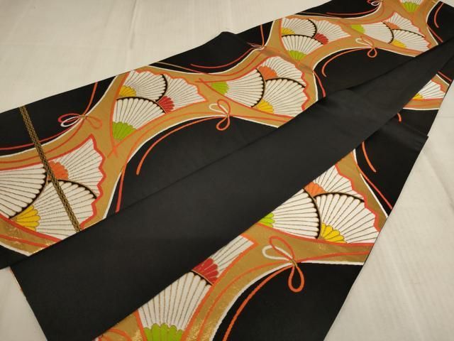 平和屋着物∵子供 全通柄袋帯 舞扇菊文 黒地 金糸 逸品 AABE2165ja 平和屋着物∵子供 全通柄袋帯 舞扇菊文 黒地 金糸 逸品 AABE2165ja