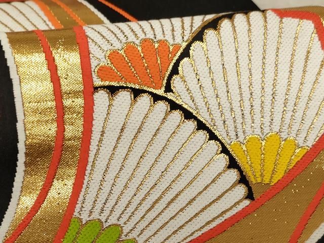 平和屋着物∵子供 全通柄袋帯 舞扇菊文 黒地 金糸 逸品 AABE2165ja 平和屋着物∵子供 全通柄袋帯 舞扇菊文 黒地 金糸 逸品 AABE2165ja