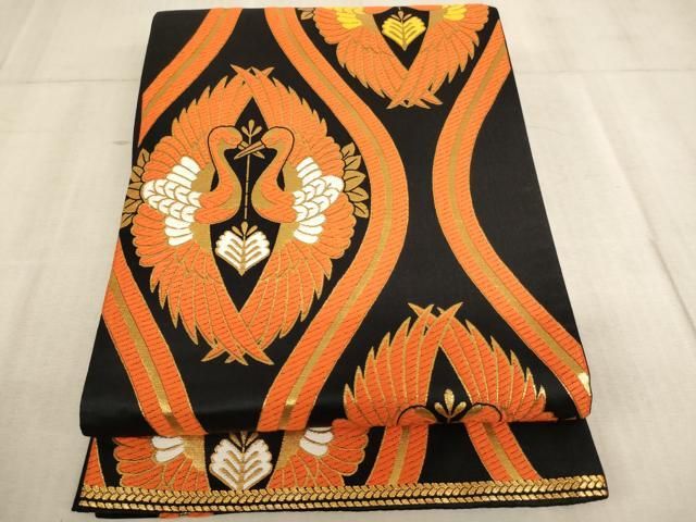 平和屋着物∵子供 全通柄袋帯 唐織 立涌向い鶴文 黒地 金糸 ♥ ja